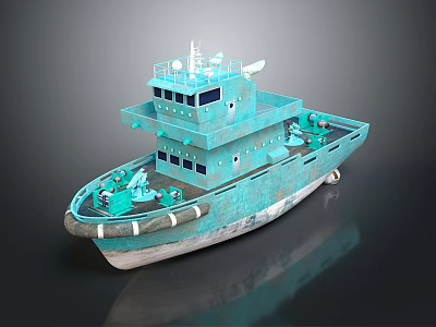 Turquoise Multi Deck Work Vessel With Upper Structure Windows And Deck Equipment 3d model