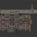 Industrial Facility Interior with Red Pipes Metal Structures and Yellow Grilles