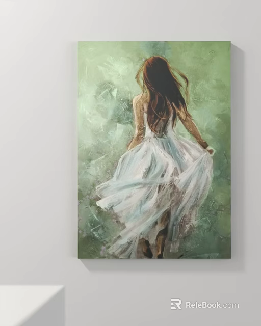 Artistic Oil Painting Of Woman In White Dress With Flowing Skirt And Green Background 3d model 