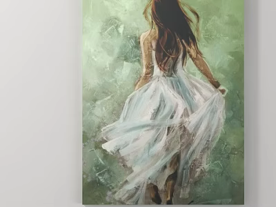 Artistic Oil Painting Of Woman In White Dress With Flowing Skirt And Green Background 3d model
