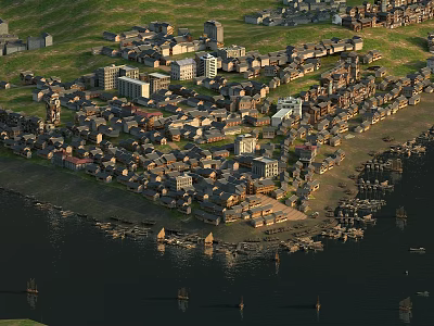 Scenic Aerial View of Village with Houses Buildings Green Fields and Water 3d model