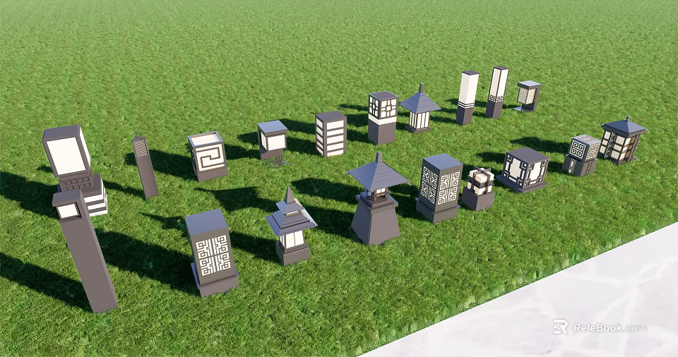 Various Outdoor Lights With Different Designs Placed On Green Grass 3d model
