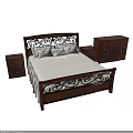 Double Bed With Dark Wooden Frame Carved Iron Headboard White Bedding Bedside Tables And Dresser