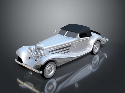 Silver Classic Convertible Car With Black Soft Top And Vintage Design 3d model