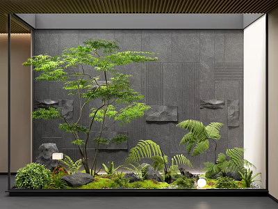 Natural Indoor Landscape With Gray Wall Small Tree Ferns Stones And Lush Moss 3d model
