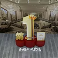 Golden Number 1 With Crown In Grand Luxurious Hall Featuring Staircase And Murals