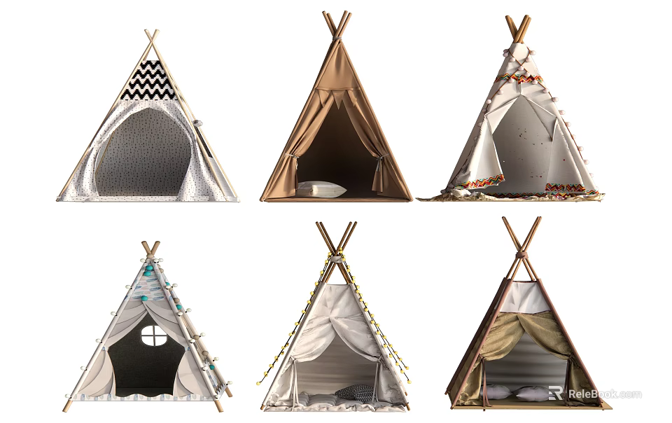Stylish Teepee Tents With Assorted Designs Colorful Patterns Decorative Trims And Cozy Interiors 3d model 