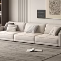 Modern Beige Three Seater Sofa With Soft Cushions And Area Rug In Living Room
