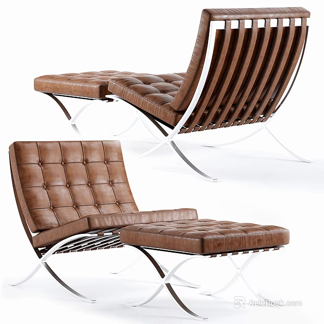 Modern Brown Leather Lounge Chair With Quilted Design And Metal Frame Ottoman 3d model 