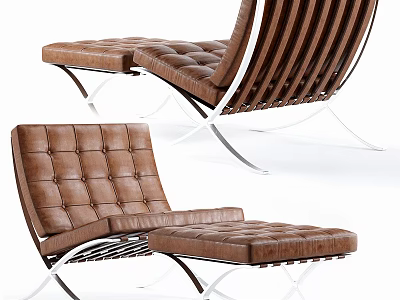 Modern Brown Leather Lounge Chair With Quilted Design And Metal Frame Ottoman 3d model