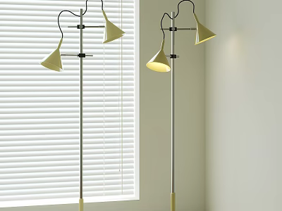 Two Modern Floor Lamps with Bell Shaped Shades and Metal Poles by Window Blinds 3d model