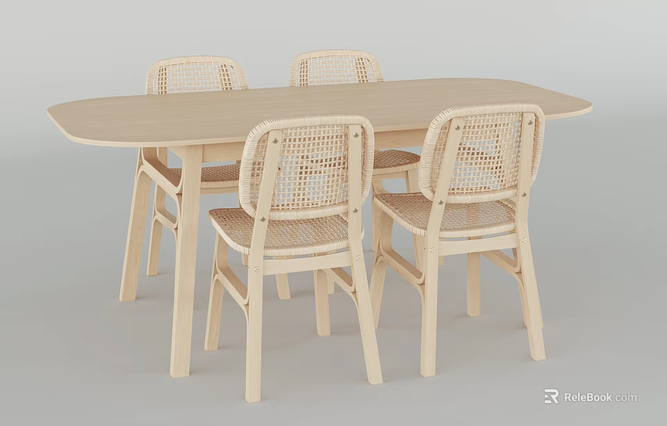 Natural Style Wooden Oval Dining Table Set With Four Rattan Backrest Chairs 3d model 