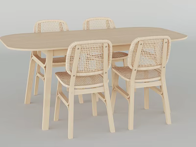 Natural Style Wooden Oval Dining Table Set With Four Rattan Backrest Chairs 3d model