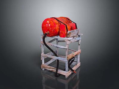 Red Cylindrical Object Mounted On Wooden Stand With Metal Binding Straps 3d model