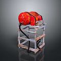 Red Cylindrical Object Mounted On Wooden Stand With Metal Binding Straps