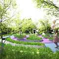 Park Landscape with Green Trees Grass Colorful Paths Balloons and Woman in Pink Dress
