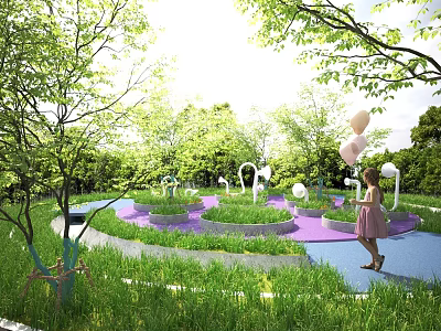 Park Landscape with Green Trees Grass Colorful Paths Balloons and Woman in Pink Dress 3d model