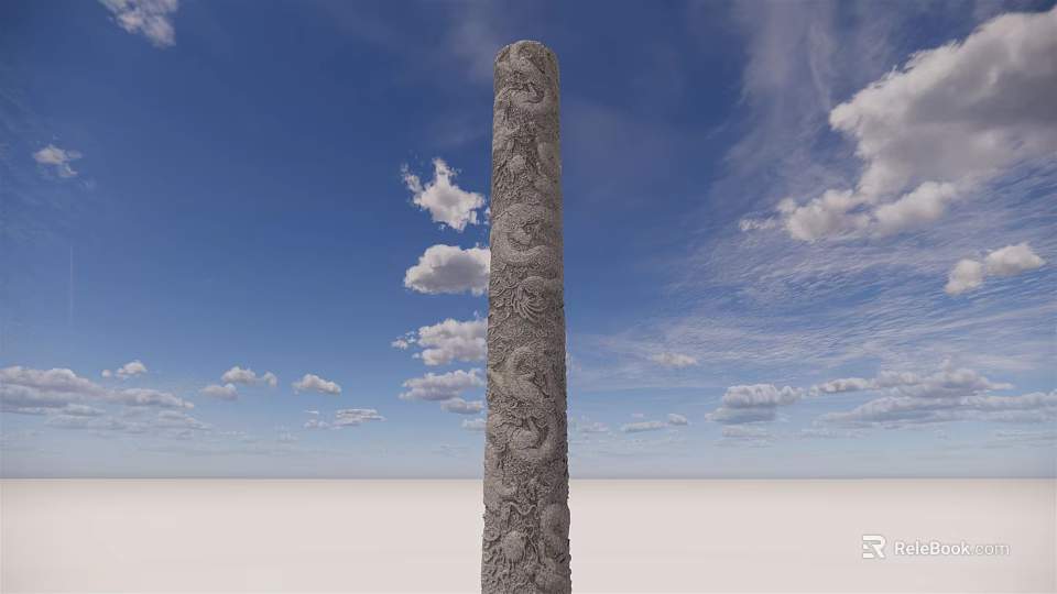 Tall Stone Pillar with Intricate Dragon Carvings Standing Against Blue Sky and White Clouds 3d model 