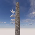 Tall Stone Pillar with Intricate Dragon Carvings Standing Against Blue Sky and White Clouds