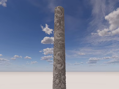 Tall Stone Pillar with Intricate Dragon Carvings Standing Against Blue Sky and White Clouds 3d model