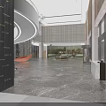 Modern Hotel Lobby Interior With Metal Leaf Installation Wooden Lattice Wall And Green Curved Sofas