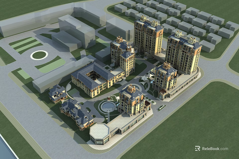 Modern High Rise Residential Buildings With Central Plaza Green Spaces And Fountain 3d model 