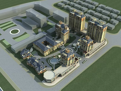 Modern High Rise Residential Buildings With Central Plaza Green Spaces And Fountain 3d model