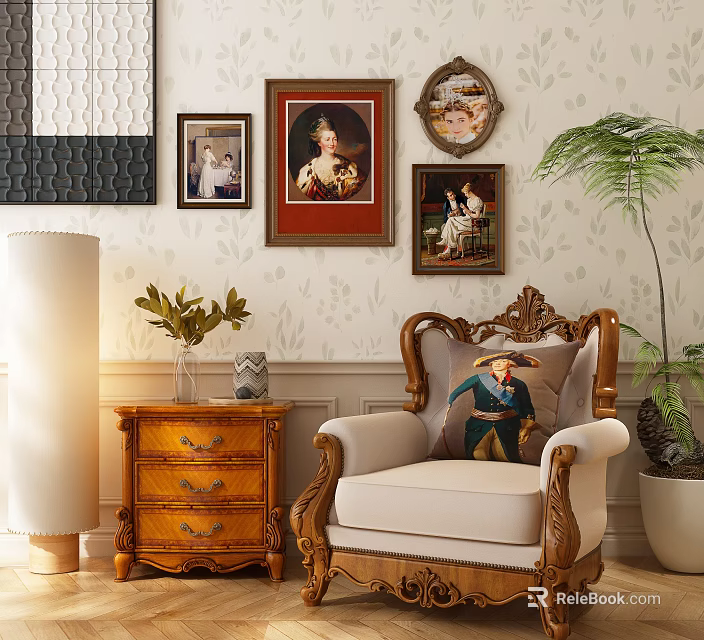 Vintage Carved Wooden Armchair with Cream Upholstery Decorative Pillow and Framed Paintings on Patterned Wallpaper 3d model 