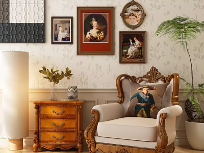 Vintage Carved Wooden Armchair with Cream Upholstery Decorative Pillow and Framed Paintings on Patterned Wallpaper 3d model