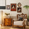 Vintage Carved Wooden Armchair with Cream Upholstery Decorative Pillow and Framed Paintings on Patterned Wallpaper