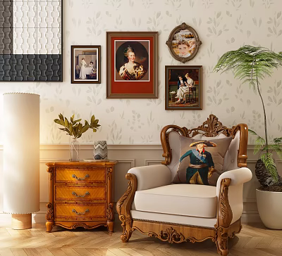 Vintage Carved Wooden Armchair with Cream Upholstery Decorative Pillow and Framed Paintings on Patterned Wallpaper 3d model