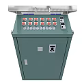 Green Industrial Control Cabinet With Red Buttons White Knobs And Control Panel Interfaces