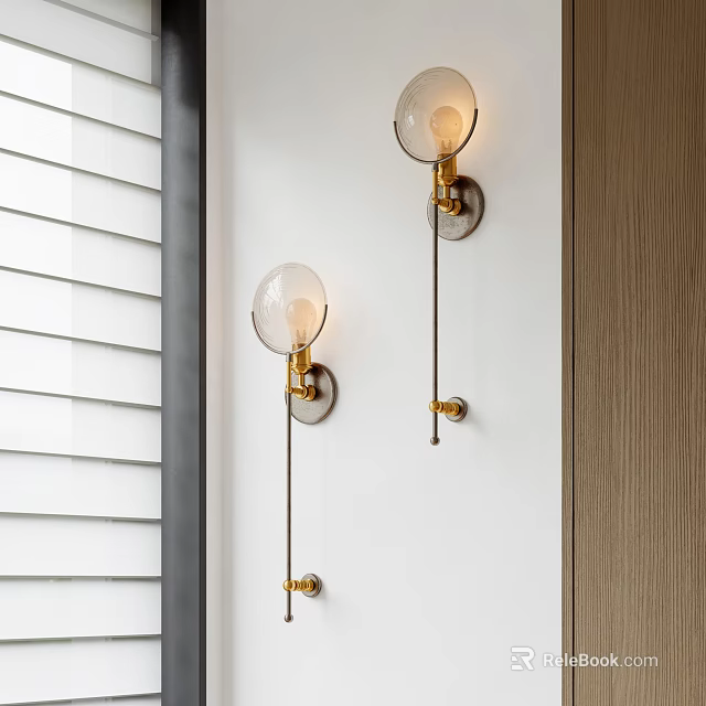 Modern Brass Wall Lamps With Spherical Glass Shade And Long Cord Switch On White Wall 3d model 