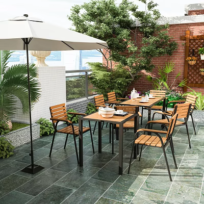 Cozy Villa Balcony With White Parasol Wooden Tables Chairs Green Plants And Brick Wall 3d model