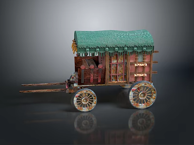 Detailed Ancient Carriage Model With Green Canopy And Intricate Decorative Wheels 3d model