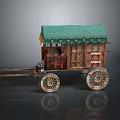 Detailed Ancient Carriage Model With Green Canopy And Intricate Decorative Wheels