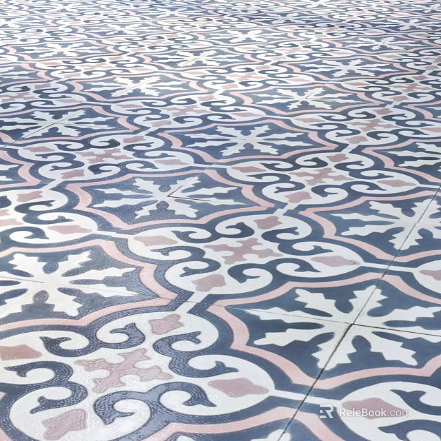 Intricate Patterned Floor Tiles Featuring Swirls and Cross Designs in Blue Pink and White 3d model 
