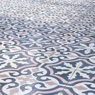 Intricate Patterned Floor Tiles Featuring Swirls and Cross Designs in Blue Pink and White 3d model