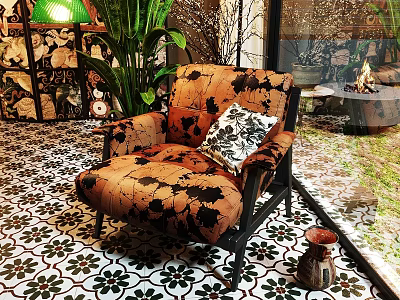 Patterned Lounge Chair In Indoor Space With Green Plants Floral Tile Floor And Decorative Pillow 3d model