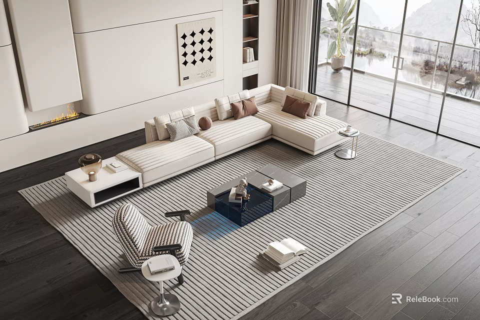 Modern L-shaped Sofa And Coffee Table Set With Rug Floor To Ceiling Windows And Plant 3d model 