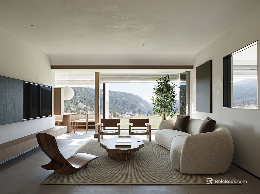Bright Cozy Minimalist Living Room With Natural Wood Furnishings And Scenic Panoramic Mountain View 3d model 