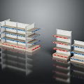 Display Shelves For Retail Store With Multiple Layers Blue Red Stripes Modern Design