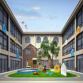 Playground Equipment for Kids in Kindergarten Courtyard with Colorful Slide Green Lawn and Big Tree
