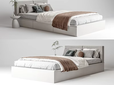 White Single Bed With Storage Drawers Gray Brown Pillows Blanket Small Side Table And Plant 3d model