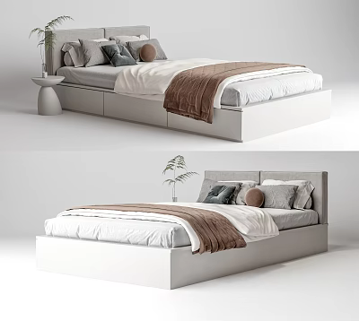 White Single Bed With Storage Drawers Gray Brown Pillows Blanket Small Side Table And Plant 3d model