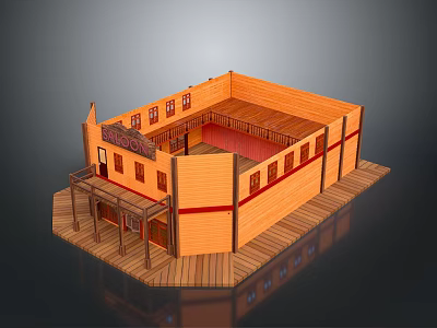 Western Style Wooden Saloon Building Model With Veranda Wooden Floor And Red Trim 3d model