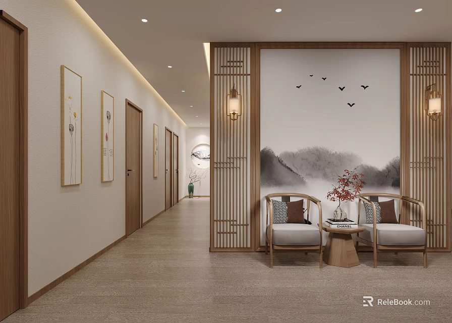 Chinese Style Elevator Hallway With Ink Painting Wooden Lattice Seating Area And Wall Paintings 3d model 