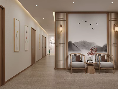 Chinese Style Elevator Hallway With Ink Painting Wooden Lattice Seating Area And Wall Paintings 3d model
