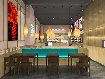 Modern Restaurant Interior With Hanging Lanterns Blue Bar Counter And Wooden Furniture 3d model