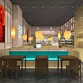 Modern Restaurant Interior With Hanging Lanterns Blue Bar Counter And Wooden Furniture